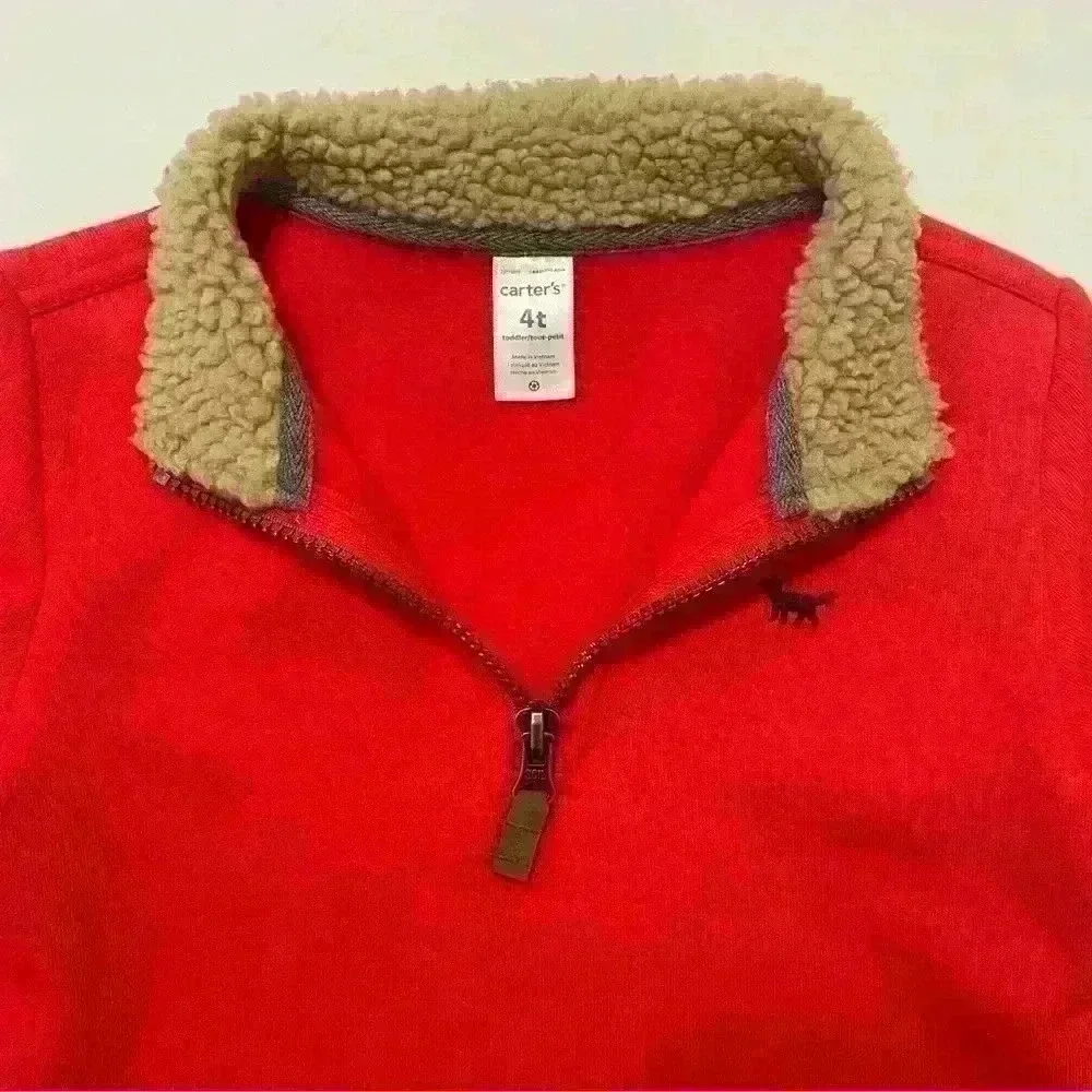 Carters Boys Quarter Zip Fleece Pullover Red Christmas 4T Fox Accent